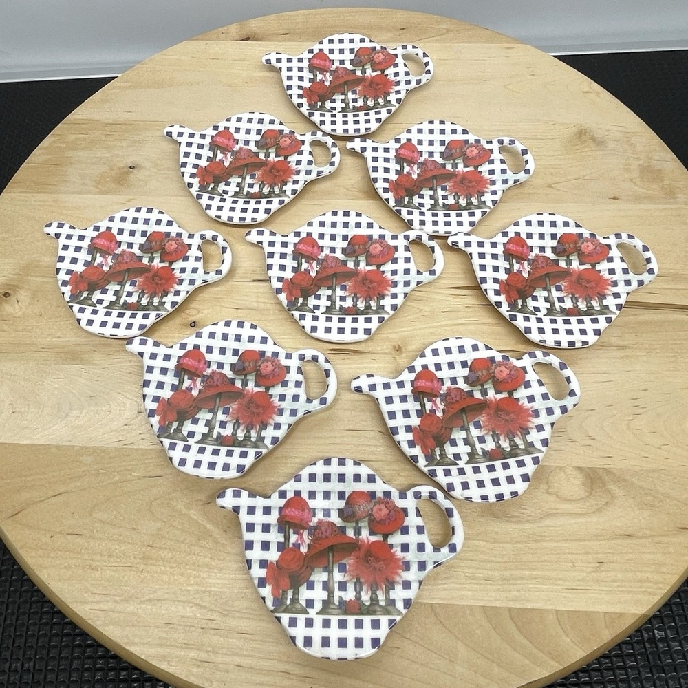 Vintage Red Hat Society Melamine Teapot Shaped Teabag Holder Spoon Rest Set of 9